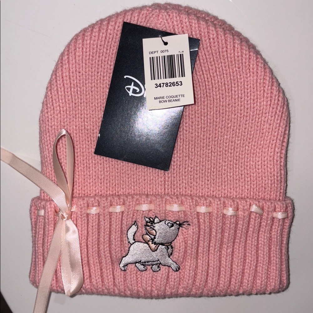 Disney Marie Aristocats Coquette pink bow beanie with ribbon nwt